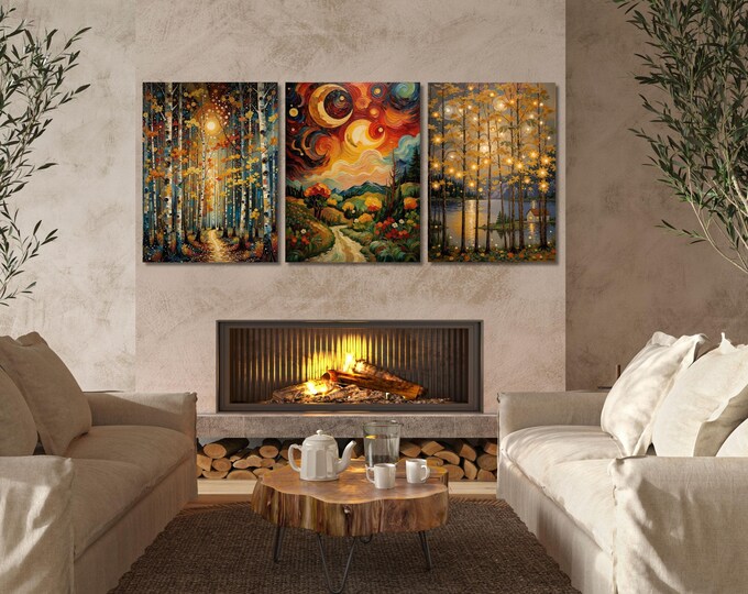 Klimt Style Moon Star Canvas Set, Golden Night Sky Wall Art, Dreamy Celestial Prints