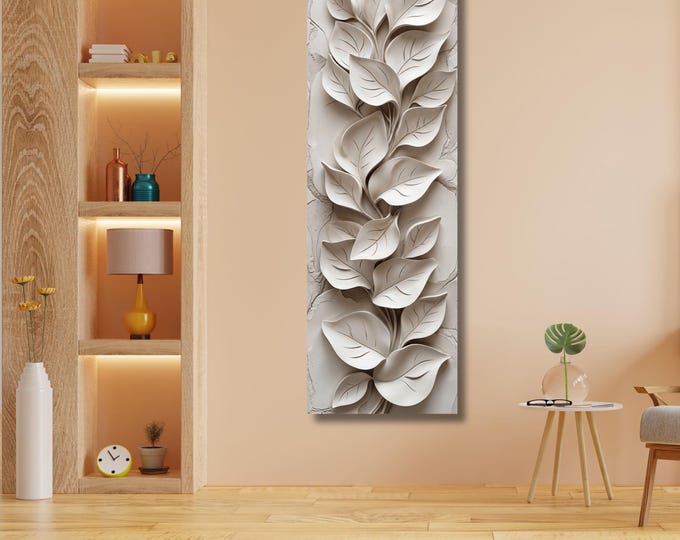 3D Look White Leaves Long Vertical Canvas Art, Modern Minimalist Botanical Wall Decor, Textured Appearance Floral Mural, Narrow Wall Art