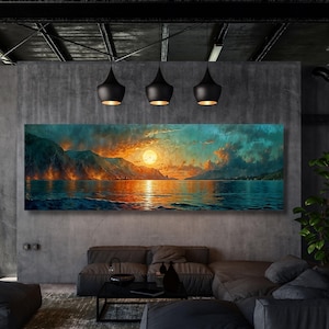 Cuadro en lienzo con puesta de sol sobre el océano en color verde esmeralda: decoración de pared panorámica de estilo bohemio.