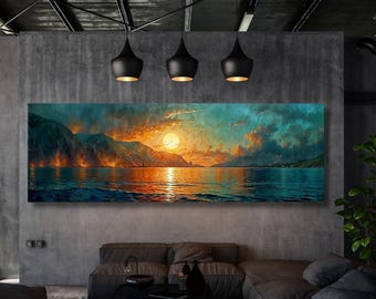 Smaragdgrün Ozean-Sonnenuntergang-Leinwand: Panorama-Boho-Wanddekor