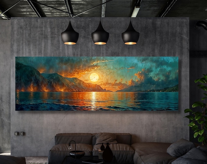 Emerald Green Ocean Sunset Canvas Art: Panoramic Boho Wall Decor