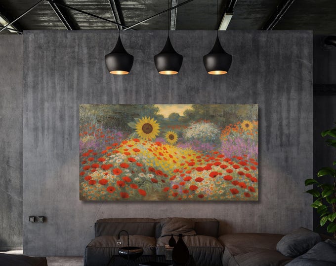 Klimt Style Flower Garden Canvas Wall Art – Colorful Botanical Print – Nature Inspired Bedroom or Living Room Wall Decor Ready to Hang art