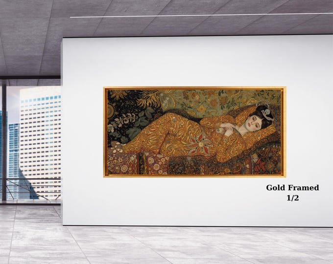 Klimt Style Reclining Woman Canvas Art – Art Nouveau Female Portrait Poster