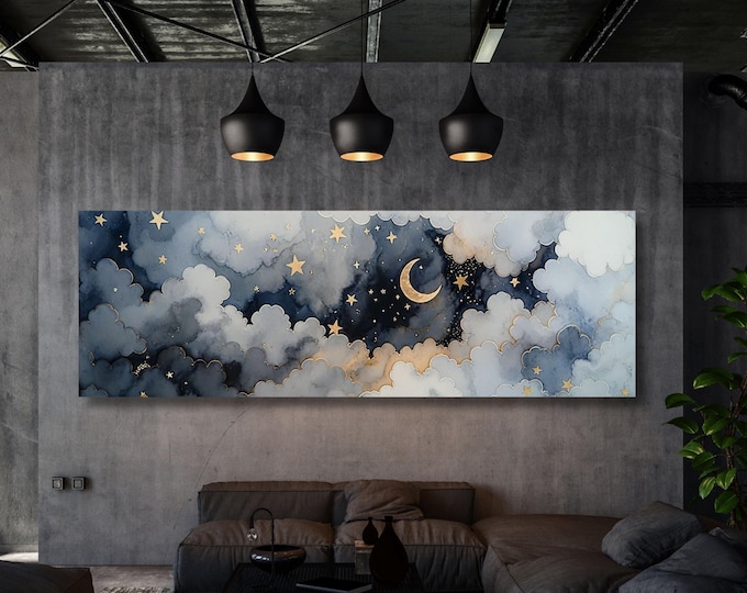 Starry Night Canvas Art - Crescent Moon, Colorful Celestial Scene