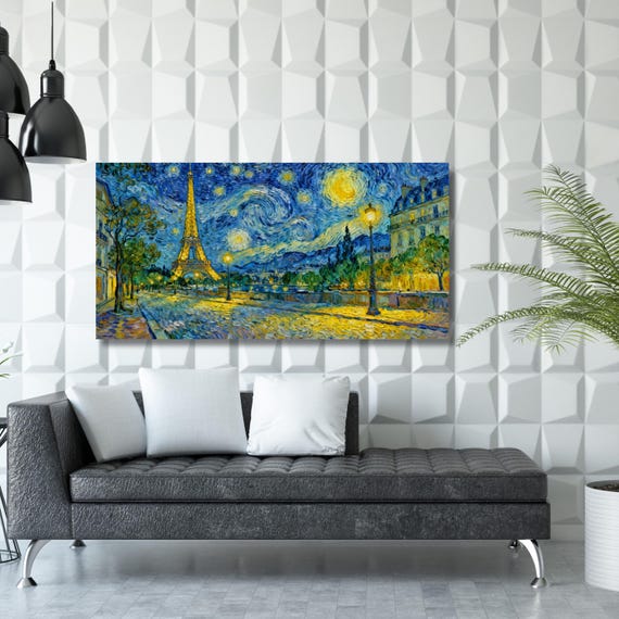 Starry Night Paris Canvas Art, Van Gogh Inspired Cityscape, Eiffel Tower Print, Impressionist France Painting, Romantic Bedroom Wall Decor