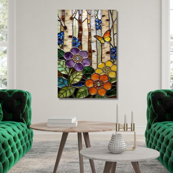 Stained Glass Look Canvas Wall Art, Floral Birch Forest Decor, Faux Stained Glass Nature Print, Colorful Garden Wall Mural