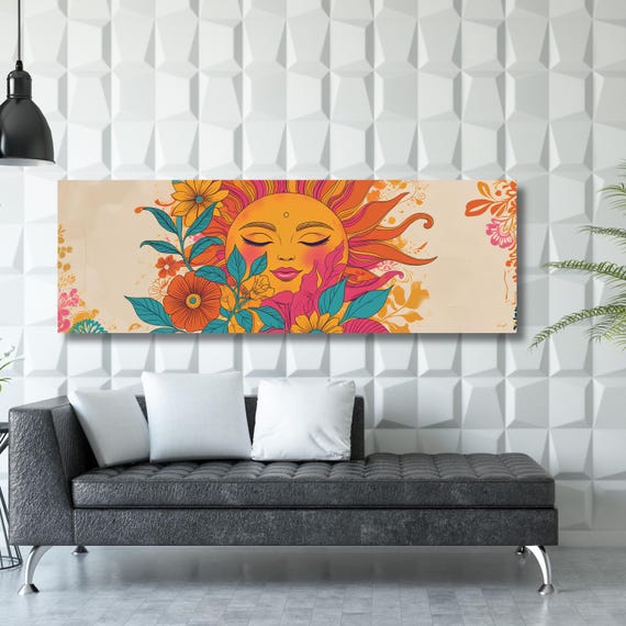 Panoramic Sunset over the Emerald Green Canvas Wall Art,Boho Wall Art Minimal Horizontal Wall Art Vintage Sunset Painting Sunset Print gift