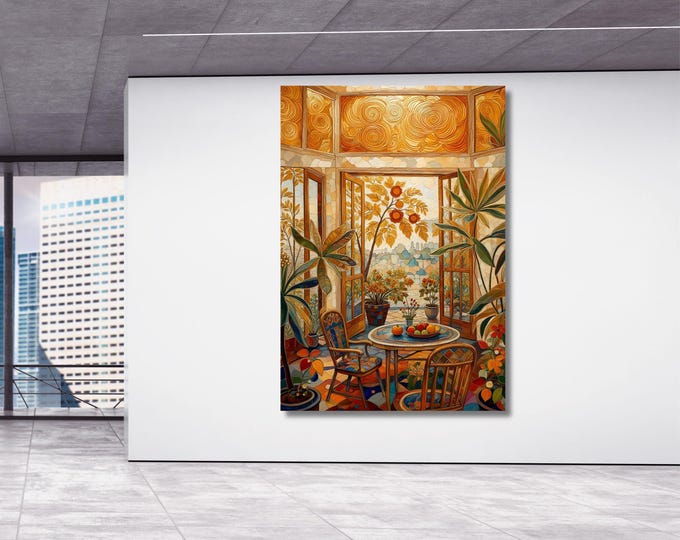 Henri Matisse Style Open Window Canvas Wall Art – Klimt Style Orange Sea Decor Print