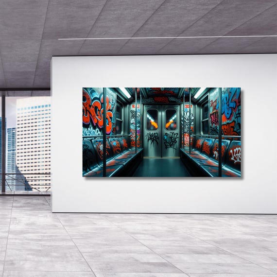 Graffiti Subway Train Canvas Print, Urban Street Art Wall Decor, Industrial NYC Pop Art, Modern Graffiti Wall Art, Framed Canvas Poster art