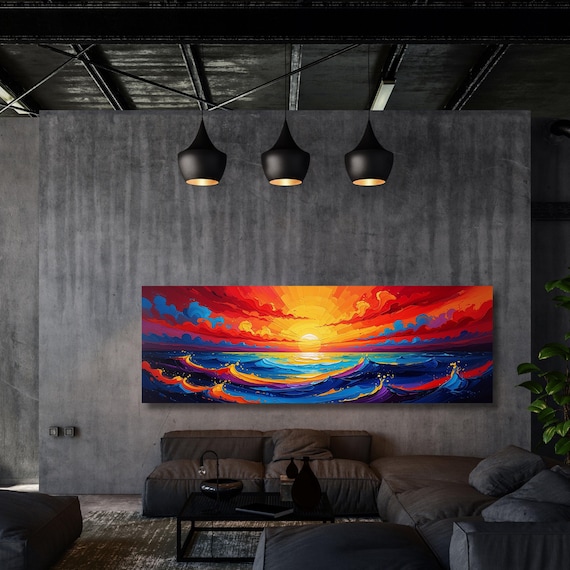 Panoramic Sun Landscape Canvas Wall Art,Framed Canvas Japanese Style Mid Century Exhibition Long Narrow Print,Large Modern Living Room Decor