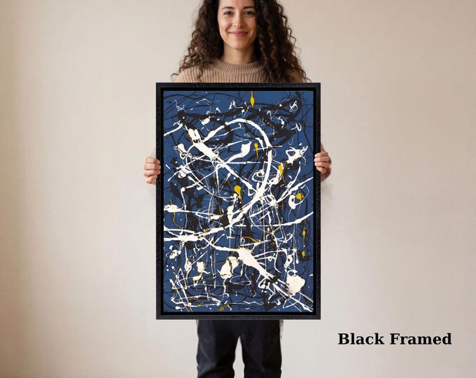 Jackson Pollock Blue Abstract Canvas, Large Action Painting Mural, Modern Style Expressionist Drip Art