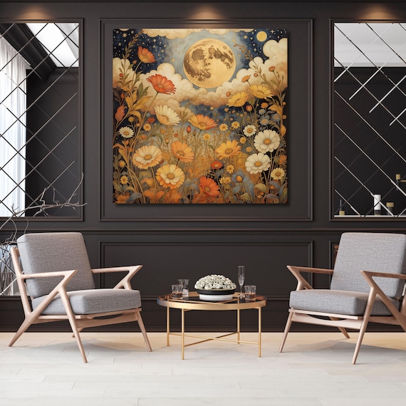 Klimt-Inspired Full Moon Wildflower Canvas Art: Rustic Mountain Print