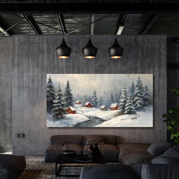Cozy Winter Village Scene Canvas – Snow Covered Homes Wall Art, Rustic Holiday Christmas Decor