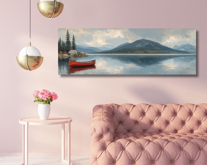 Lone Wooden Red Canoe Floating In Lake Canvas Wall Art Art, Oversize Nature Print with Elegant Modern Wall Hangings Klimt Landscape