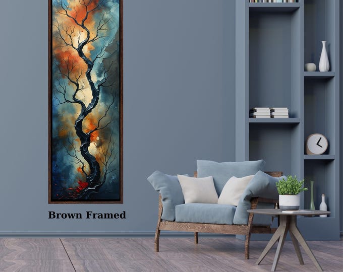Vertical Canvas Wall Art: Modern Sun Tree and Mountain - Long Narrow Design