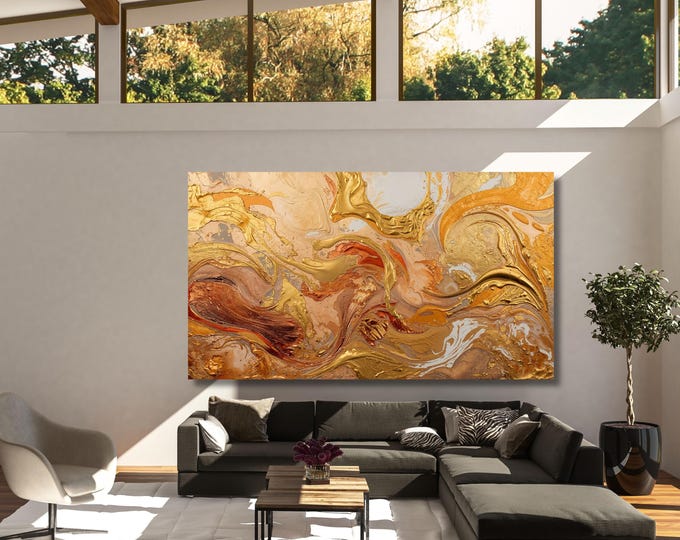 Gold and Copper Canvas Wall Art: Modern Abstract Large Decor