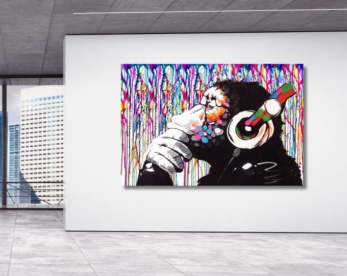 Banksy DJ Monkey Canvas Wall Art Banksy Thinking Monkey Music Thinker Graffiti Wall Art Extra Large Wall Art Gorilla Chimp Ready to Hang