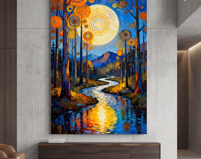 Moonlit Forest River Canvas Wall Art, Vivid Full Moon Painting