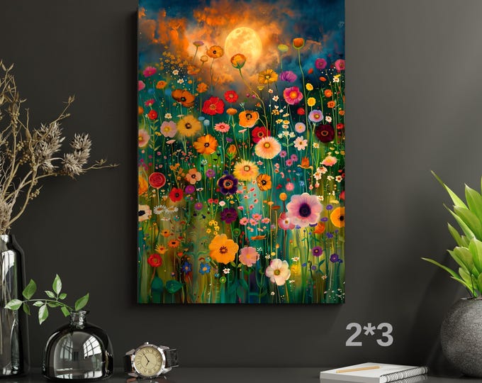 Long Klimt Flower Meadow Canvas Art, Enchanting Night Garden Wall Decor, Tall Vertical Floral Mural, Full Moon Above Wildflowers Print