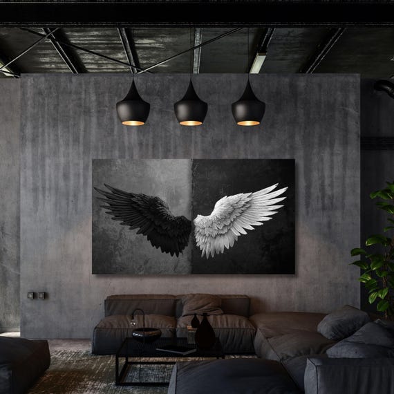 Black and White Angel Wings Canvas Wall Art, Modern Minimalist Wings Poster Print, Large Monochrome Wall Decor for Bedroom or Living Room