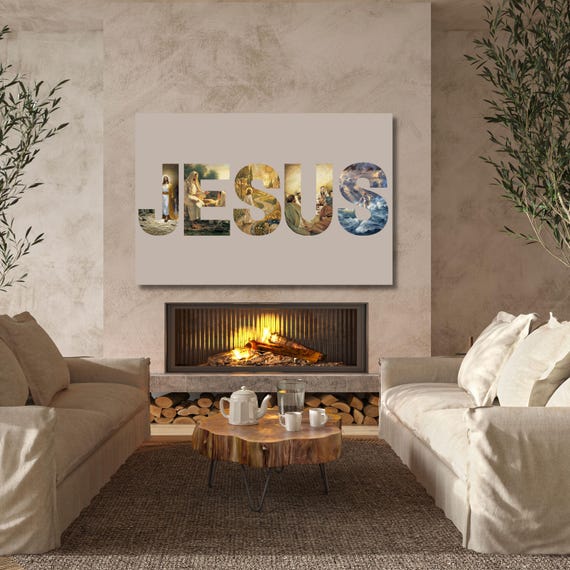 Meaningful Christian Gift for Her, Elegant Faith Based Wall Art, Modern Savior Portrait Collage, Gospel Scenes Lettering Canvas