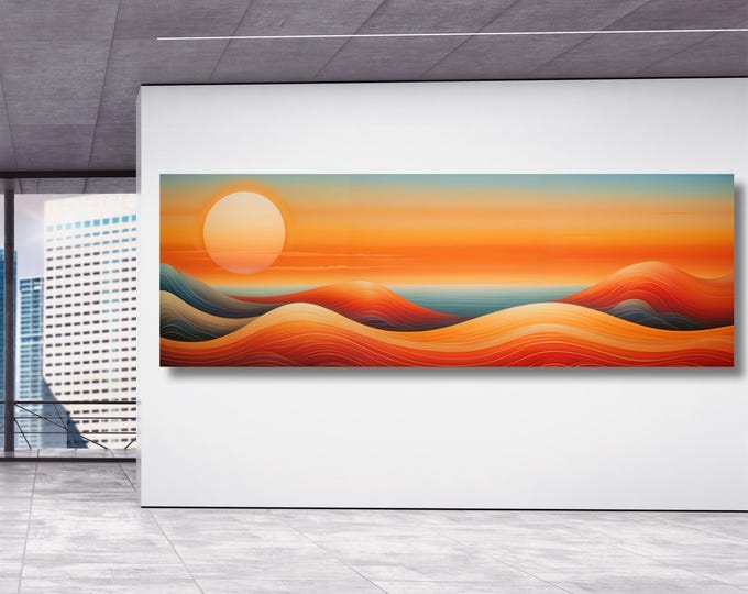 Panoramic abstract sea scape Canvas Art Famous Art,Large Wall Art, Minimalist Canvas Art, Sea Sun Wall art Waves Line Art Beach House Decor