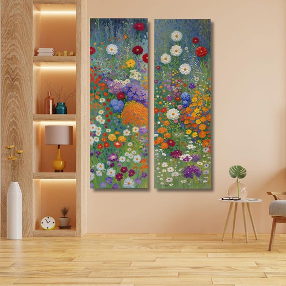 Set of 2 Panoramic Klimt Style Wildflower Garden Tall Narrow Canvas,Botanical Nature Wall Art, Rustic Floral Vertical Print Hallway art gift