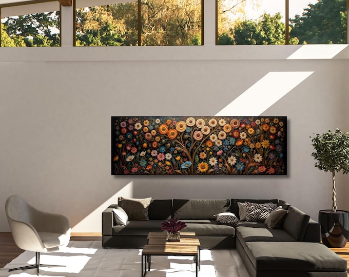 Night Wild Flowers Canvas, Framed Canvas Print,Above Bed Art,Dark Floral Paintingt,Boho Minimal Panoramic Thought Flowers Provoking Wall Art