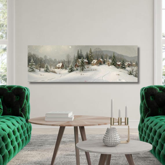 Cozy Winter Village Scene Canvas Wall Art – Snow Covered Homes Wall Art, Rustic Holiday Christmas Decor