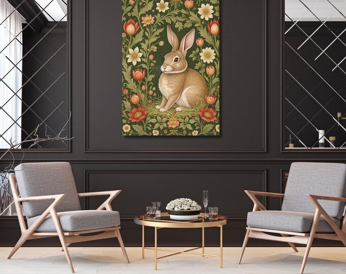 William Morris Style Rabbit in Wildflower Meadow Canvas Dark Floral Woodland Animal Art Rustic Botanical Print for Cottage Nursery Decor art