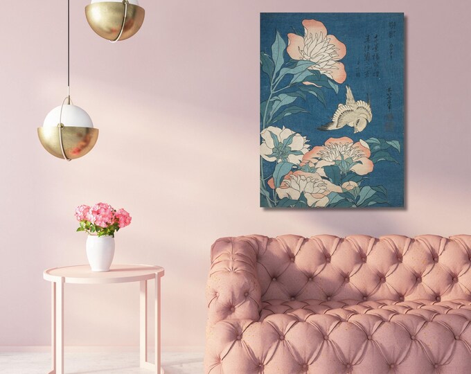 Katsushika Hokusai Canary Peonies Japanese Wall Art Print (Canvas Poster)