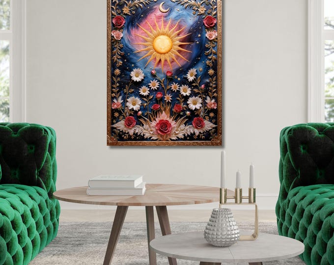 Sun Moon Stars Canvas Wall Art, Mystical Boho Celestial Art Ready to Hang Astrology Print