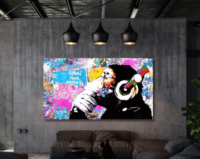 Banksy DJ Monkey Graffiti Canvas Art: Thinking Gorilla Music Wall Decor