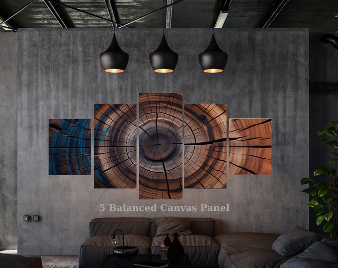 5 Piece Tree Rings Canvas Wall Art, Rustic Wood Slice Abstract Decor, Multi Panel Framed Ready to Hang Mural, Modern Nature Inspired Gift