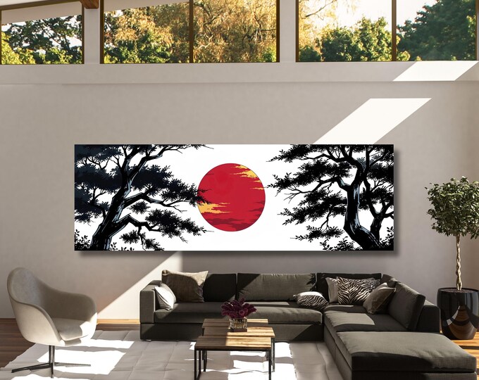 Panoramic Japanese Maple Tree Sunset Canvas Art: Vintage Rothko Inspired Print