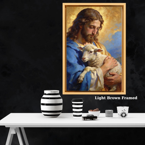 Jesus Good Shepherd Canvas Print,Christ Lamb Wall Art,Religious Home Decor,Christian Portrait Painting,Spiritual Gift,Church Wall Art