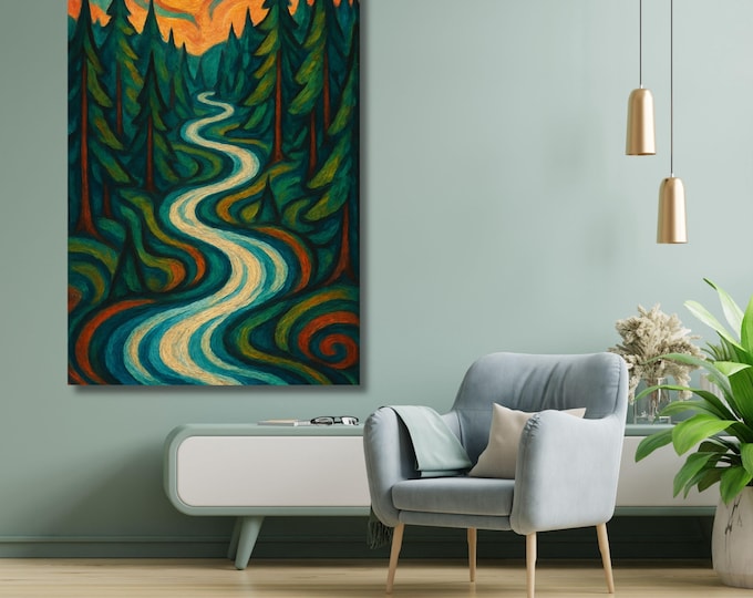 Vibrant Swirling Forest River Canvas Art, Tall Narrow Nature Wall Decor