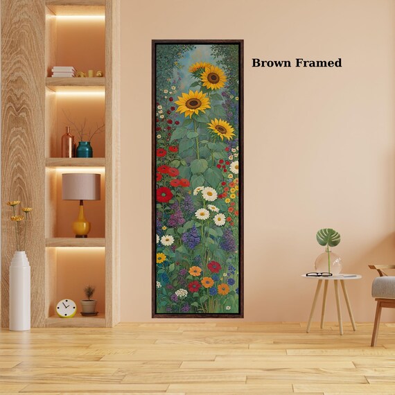 Klimt Style Sunflower Wildflower Garden Tall Narrow Canvas, Botanical Nature Wall Art, Rustic Floral Vertical Print for Hallway or Bedroom