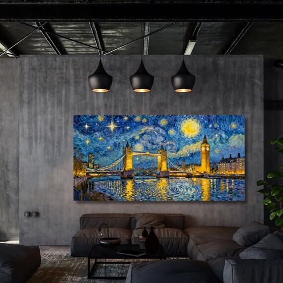 London in the Style of Van Gogh – Starry Night Inspired Canvas Wall Art Ready to Hang/ poster City Night Wall Art