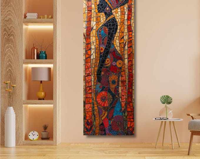 African Long Narrow Wall Art, Large African Canvas Wall Art, Modern Home Decor, Ethnic Interior Design, Vertical Wall Hangings