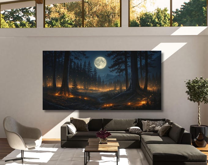 Mountain full moon Canvas Wall Art Firefly Klimt Print, Klimt Canvas Poster, Gustav Klimt Poster, Klimt Panoramic foggy Canvas Wall Art gift