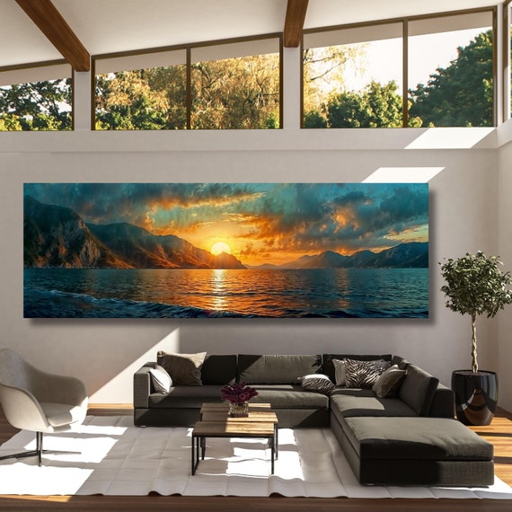 Panoramic Sunset over the Emerald Green Ocean Canvas Wall Art,Boho Wall Art Minimal Horizontal Wall Art Vintage Sunset Painting Sunset Print