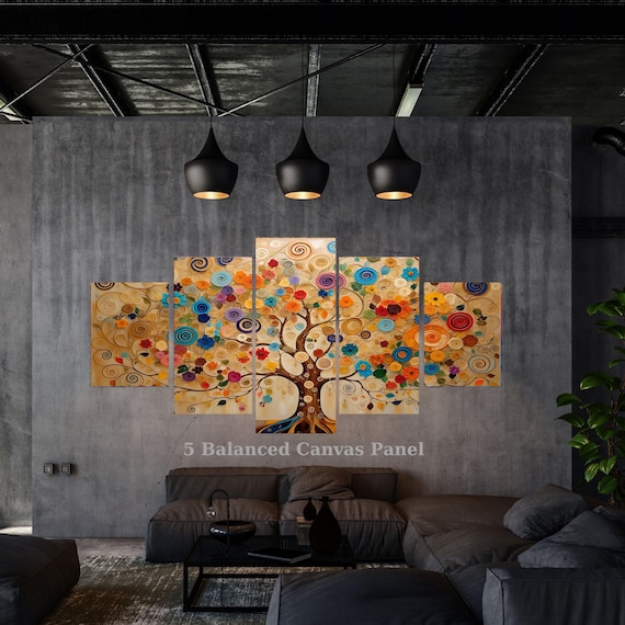 5 Piece Tree of Life Canvas Wall Art, Klimt Style Abstract Golden Tree, Multi Panel Framed Ready to Hang Decor, Luxury Housewarming Gift