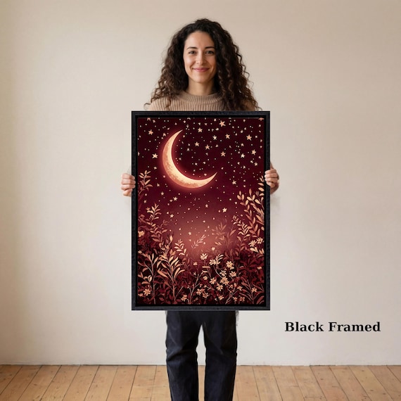 Forest Wildflowers Canvas Wall Art, Moonlit Pine Tree Forest Wall Art, Rustic Forest Painting, Full Moon Wall Art Painting Vintage Forest