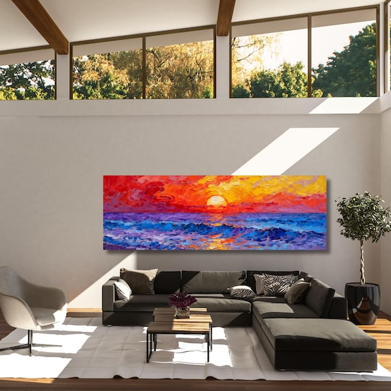 Panoramic Sunset Ocean wave Canvas Wall Art,Framed Canvas Japanese Style Mid Century Exhibition Long Narrow Print,Large Modern Living Room