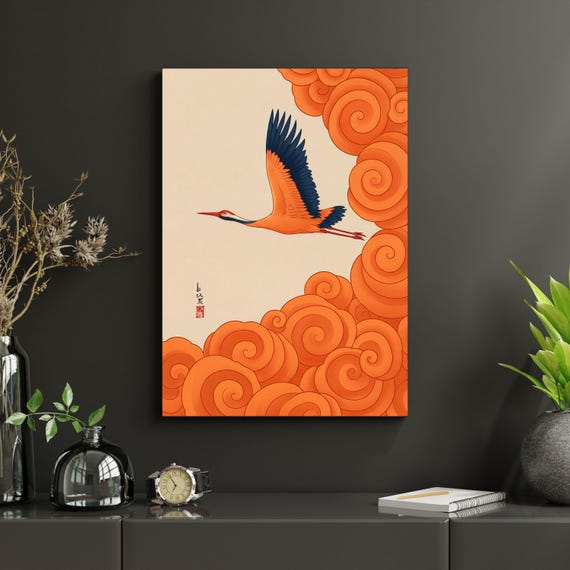 Japanese Art Crane Canvas Wall Art – Traditional Oriental Nature Print Decor