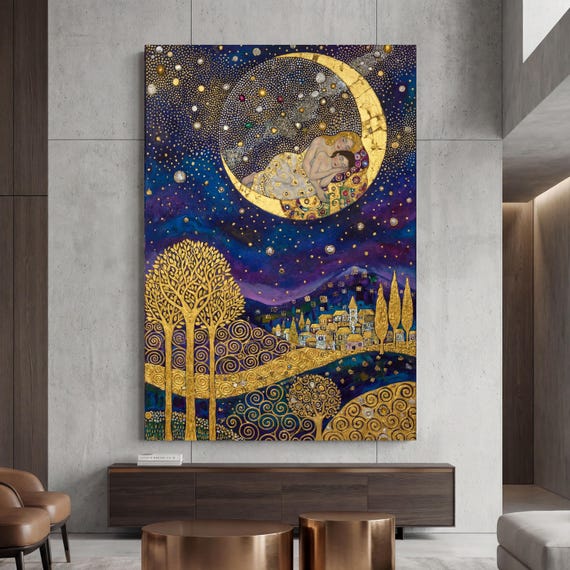 Klimt Style Canvas Print, Vertical Sunlit Trees, Modern Nature Wall Art