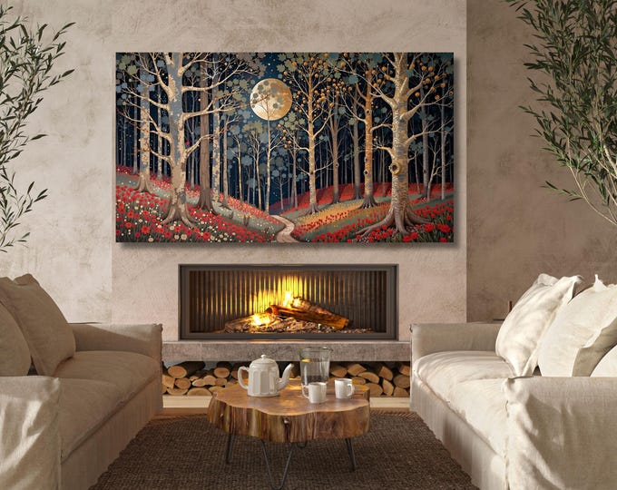 Moonlit Forest Canvas Print, Full Moon Wildflower Art, Klimt Inspired Woodland Wall Art
