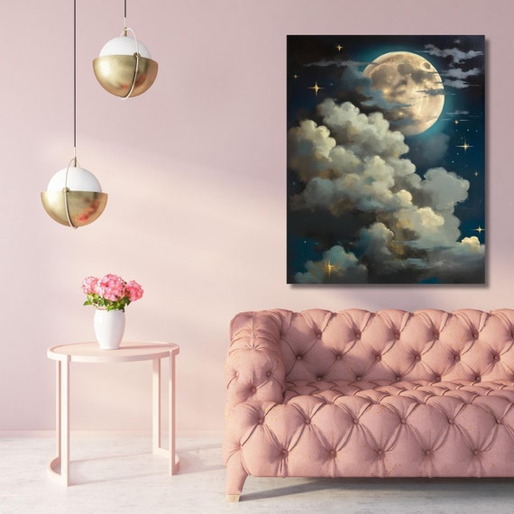 Blue Abstract Cloud Canvas Art: Panoramic Night Sky Print