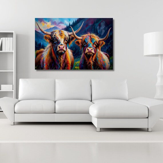 Colorful Highland Cow Canvas Wall Art, Scottish Decor